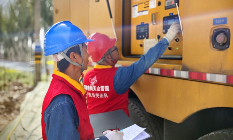 Staff at State Grid Aksu Power Supply Company conduct load testing and debugging on the 10 kV 1094 Ajiu Line. Photo: Wang Liangjun