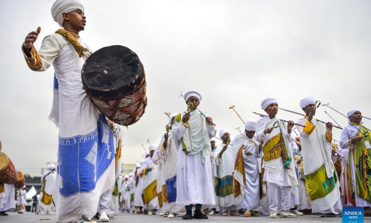 People celebrate the Meskel festival in Addis Ababa, capital of Ethiopia, on Sept. 26, 2024. (Photo: Xinhua)