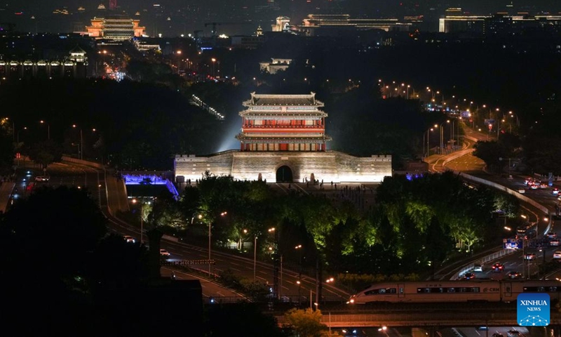 The Yongding Gate and other landmark buildings along the Beijing Central Axis are pictured in Beijing, capital of China, Sept. 26, 2024. Beijing will activate over 2,800 nighttime illumination facilities from Sept. 29 to Oct. 7 to mark the 75th anniversary of the founding of the People's Republic of China. (Photo: Xinhua)