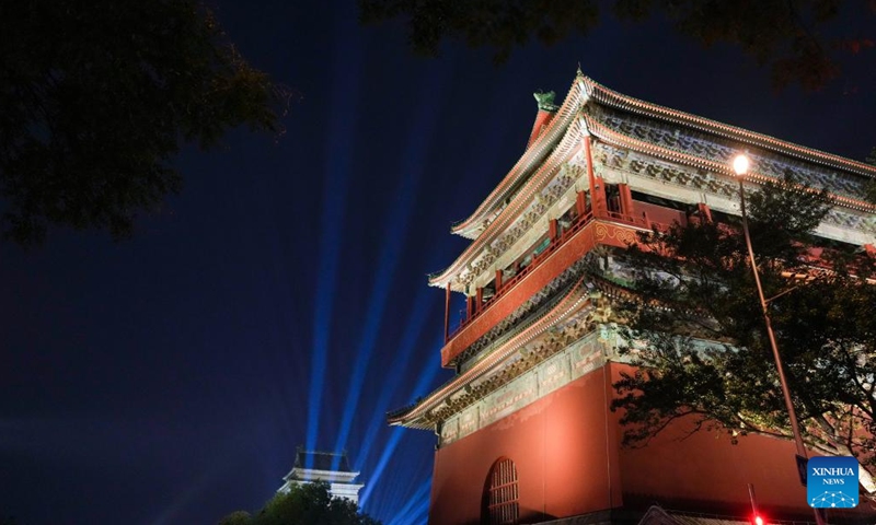 The Bell and Drum Towers are pictured in Beijing, capital of China, Sept. 26, 2024. Beijing will activate over 2,800 nighttime illumination facilities from Sept. 29 to Oct. 7 to mark the 75th anniversary of the founding of the People's Republic of China. Upgraded illumination effects will be applied to landmarks along the Beijing Central Axis such as the Yongding Gate and the Bell and Drum Towers for the upcoming National Day holiday.  (Photo: Xinhua)