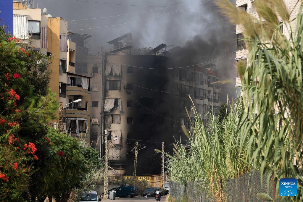 This photo shows a damaged building after Israeli airstrikes in the southern suburbs of Beirut, Lebanon, Sept. 28, 2024. (Photo: Xinhua)