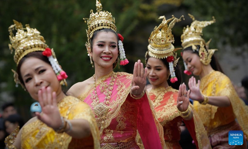 Traditional Thai dancers perform during the 2024 Thai Festival at the Vancouver Art Gallery plaza in Vancouver, British Columbia, Canada, Sept. 28, 2024. (Photo: Xinhua)