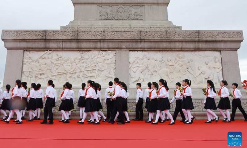 A ceremony presenting flower baskets to fallen heroes to mark Martyrs' Day is held at Tian'anmen Square in Beijing, capital of China, Sept. 30, 2024. (Photo: Xinhua)