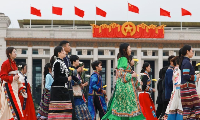 A ceremony presenting flower baskets to fallen heroes to mark Martyrs' Day is held at Tian'anmen Square in Beijing, capital of China, Sept. 30, 2024. (Photo: Xinhua)