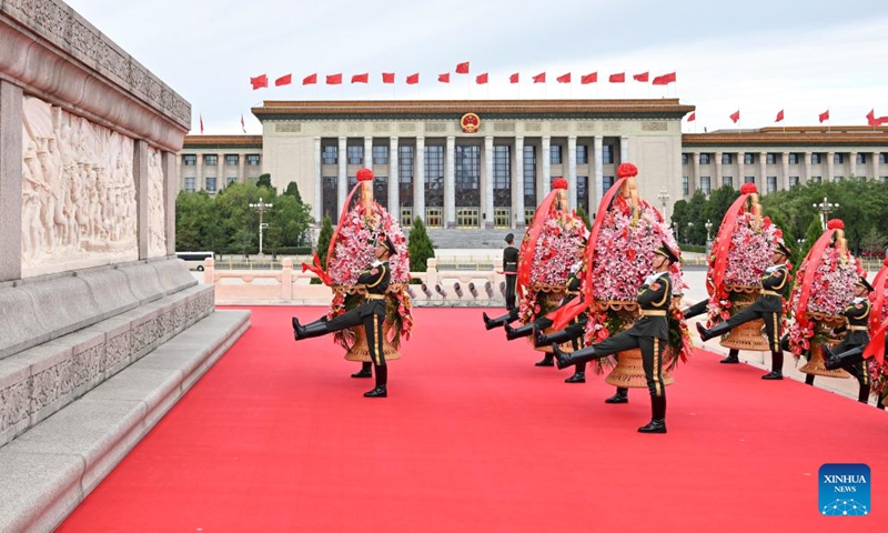 A ceremony presenting flower baskets to fallen heroes to mark Martyrs' Day is held at Tian'anmen Square in Beijing, capital of China, Sept. 30, 2024. (Photo: Xinhua)