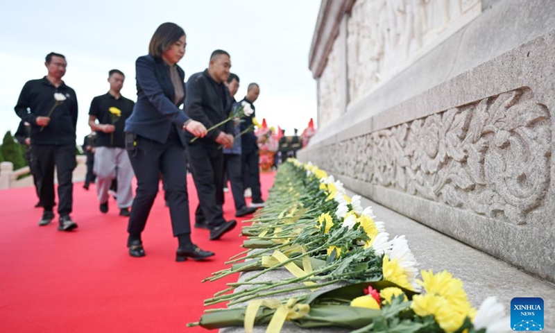 A ceremony presenting flower baskets to fallen heroes to mark Martyrs' Day is held at Tian'anmen Square in Beijing, capital of China, Sept. 30, 2024. (Photo: Xinhua)