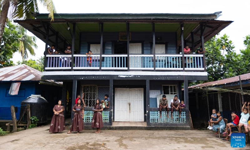 Teenagers perform a traditional dance at the cultural center of Rama Cay in South Caribbean Coast Autonomous Region, Nicaragua, Sept. 25, 2024. Rama Cay, an island located 15 kilometers south of Bluefields, is inhabited by about 2,000 people that live mainly on fishing. Photo: Xinhua