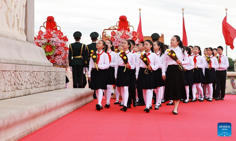 A ceremony presenting flower baskets to fallen heroes to mark Martyrs' Day is held at Tian'anmen Square in Beijing, capital of China, Sept. 30, 2024. (Photo: Xinhua)