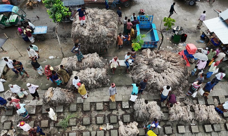 An aerial drone photo taken on Sept. 27, 2024 shows a view of a local jute trading market in Jamalpur district, Mymensingh division, Bangladesh. Photo: Xinhua