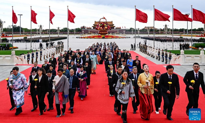 A ceremony presenting flower baskets to fallen heroes to mark Martyrs' Day is held at Tian'anmen Square in Beijing, capital of China, Sept. 30, 2024. (Photo: Xinhua)