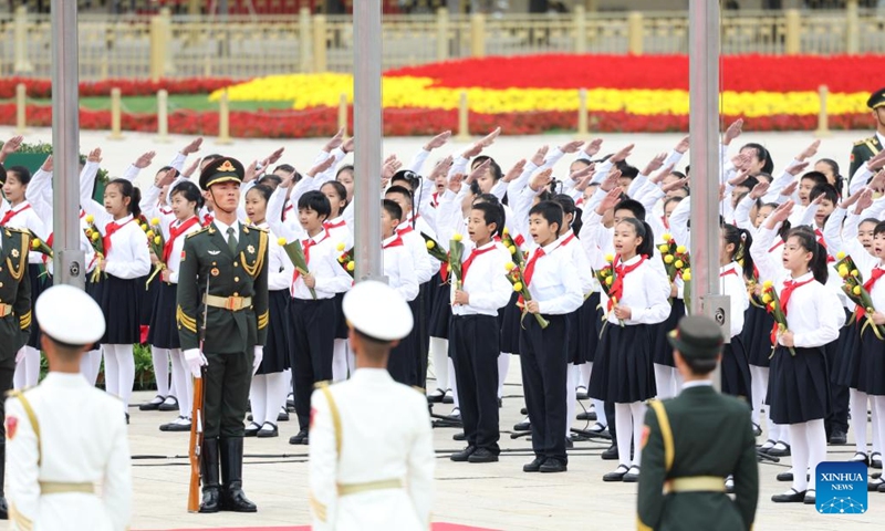 A ceremony presenting flower baskets to fallen heroes to mark Martyrs' Day is held at Tian'anmen Square in Beijing, capital of China, Sept. 30, 2024. (Photo: Xinhua)