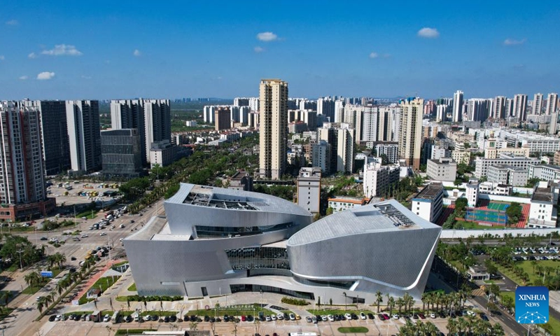 An aerial drone photo taken on Sept. 30, 2024 shows the Hainan Intangible Cultural Heritage Exhibition Center in Haikou, south China's Hainan Province. The exhibition center, one of the provincial capital's major public cultural projects, began trial operation on Monday and will last for one month. (Photo: Xinhua)