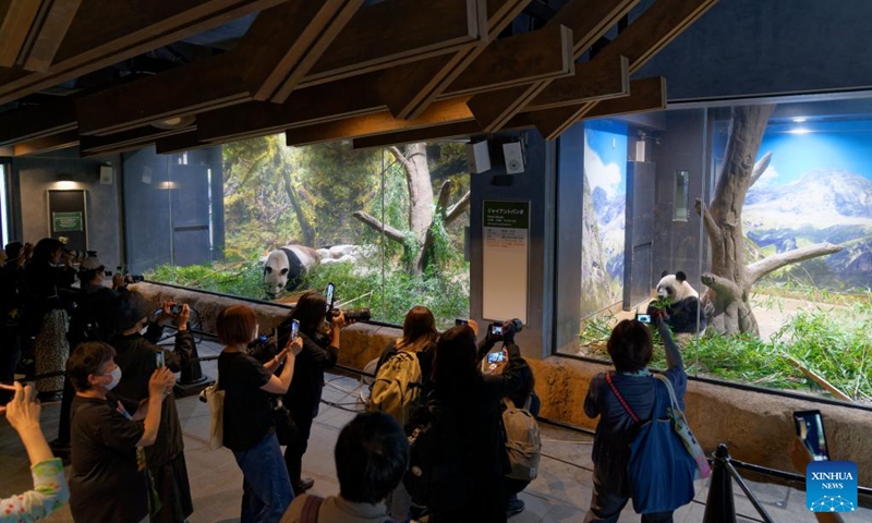 Visitors take photos of giant pandas Ri Ri (L) and Shin Shin at Ueno Zoo in Tokyo, Japan, Sept. 28, 2024. Beloved giant pandas Ri Ri and Shin Shin left Tokyo's Ueno Zoo in the early hours of Sunday to fly back to their home country China due to age-related health concerns. On Saturday, the final public viewing day for the panda pair, more than 2,000 fans lined up before opening to say their goodbyes, with many in tears. Giant panda Ri Ri, a male, and female giant panda Shin Shin, both from southwest China's Sichuan Province, arrived at Ueno Zoo in February 2011 under a leasing agreement. Photo: Xinhua