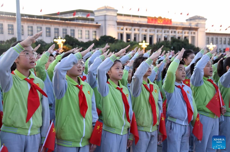 Members of the Chinese Young Pioneers attend a flag-raising ceremony marking the 75th anniversary of the founding of the People's Republic of China at the Tian'anmen Square in Beijing, capital of China, Oct. 1, 2024. Photo: Xinhua