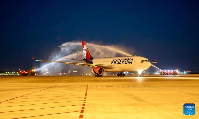 Air Serbia flight JU988 receives a water arch ceremony after its landing at the Guangzhou Baiyun International Airport in Guangzhou, south China's Guangdong Province, Sept. 30, 2024. Photo: Xinhua