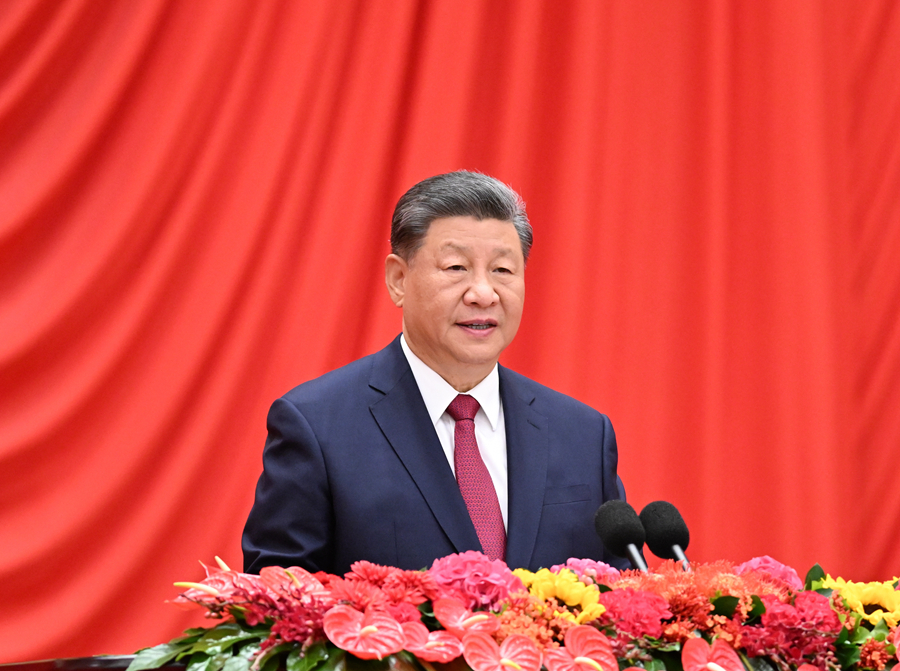 Chinese President Xi Jinping, also general secretary of the Communist Party of China Central Committee and chairman of the Central Military Commission, addresses a reception to celebrate the 75th anniversary of the founding of the People's Republic of China at the Great Hall of the People in Beijing, capital of China, Sept. 30, 2024. Photo: Xinhua