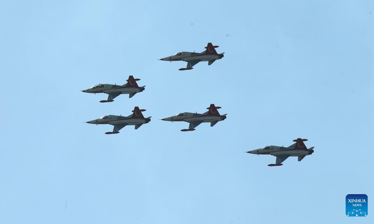 Turkish Air Force aerobatic demonstration team Turkish Stars performs in an air show during the Türkiye's aerospace and technology festival TEKNOFEST in Adana, Türkiye, on Oct. 2, 2024. (Mustafa Kaya/Handout via Xinhua)