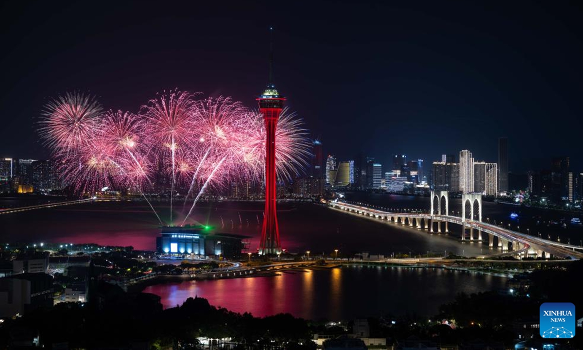 Fireworks illuminate the sky in Macao, south China, Oct. 1, 2024. Various events and activities were held here to celebrate the 75th anniversary of the founding of the People's Republic of China. (Xinhua/Cheong Kam Ka)


