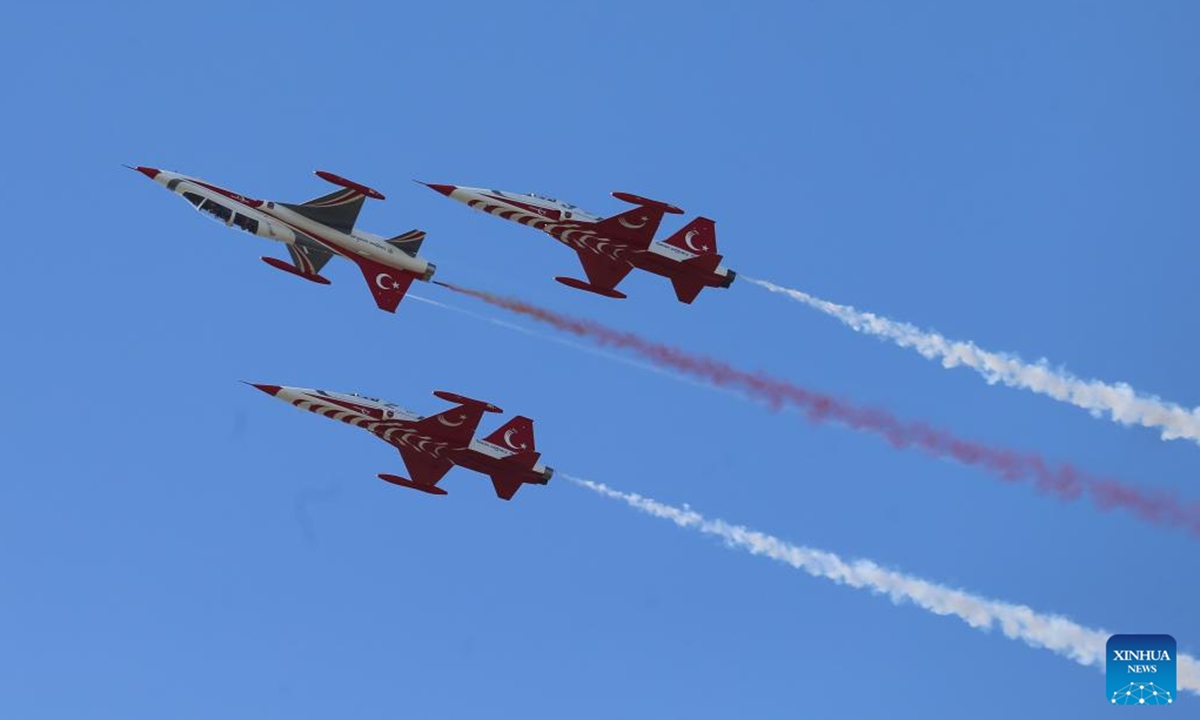 Turkish Air Force aerobatic demonstration team Turkish Stars performs in an air show during the Türkiye's aerospace and technology festival TEKNOFEST in Adana, Türkiye, on Oct. 2, 2024. (Mustafa Kaya/Handout via Xinhua)