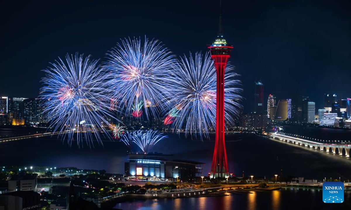 Fireworks illuminate the sky in Macao, south China, Oct. 1, 2024. Various events and activities were held here to celebrate the 75th anniversary of the founding of the People's Republic of China. (Xinhua/Cheong Kam Ka)