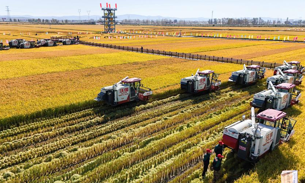 An aerial drone photo shows harvesters working in a paddy field in Fangzheng County of Harbin, northeast China's Heilongjiang Province, Sept. 22, 2024. (Xinhua/Wang Song)