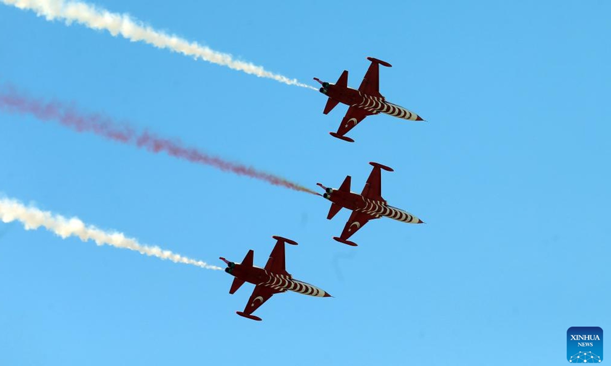 Turkish Air Force aerobatic demonstration team Turkish Stars performs in an air show during the Türkiye's aerospace and technology festival TEKNOFEST in Adana, Türkiye, on Oct. 2, 2024. (Mustafa Kaya/Handout via Xinhua)