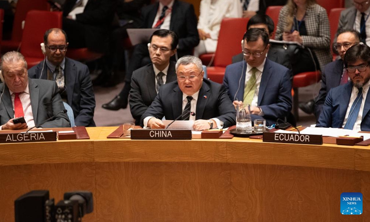 Fu Cong (C, Front), China's permanent representative to the United Nations, speaks at the UN Security Council briefing on the Lebanese-Israeli situation at the UN headquarters in New York, on Oct. 2, 2024. The Chinese envoy on Wednesday called on the UN Security Council to take urgent actions to deescalate the Lebanese-Israeli situation. (Xinhua/Xie E)
