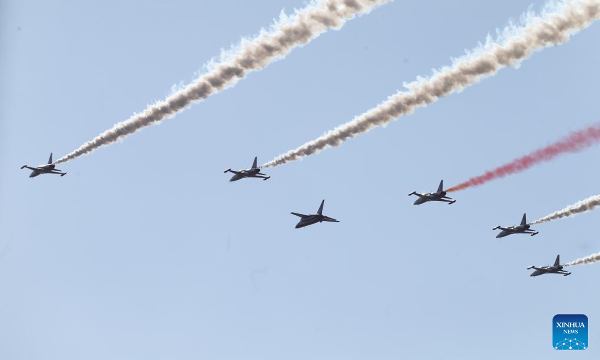 Turkish Air Force aerobatic demonstration team Turkish Stars performs in an air show during the Türkiye's aerospace and technology festival TEKNOFEST in Adana, Türkiye, on Oct. 2, 2024. (Mustafa Kaya/Handout via Xinhua)