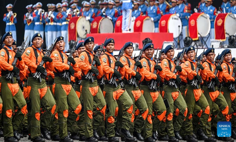 The Indonesian Air Force participate in a military parade rehearsal of the 79th anniversary of the Indonesian National Army (TNI) at Monument National in Jakarta, Indonesia, on Oct. 3, 2024. The TNI will showcase over 1,000 military assets from the Army, Navy, and Air Force during its 79th anniversary celebrations on Oct. 5. (Xinhua/Agung Kuncahya B.)