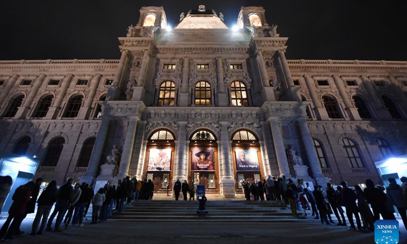 People wait in line to enter Kunsthistorisches Museum in Vienna, Austria, Oct. 5, 2024. Austria on Saturday held the 24th Long Night of Museums cultural event, during which museums and galleries nationwide remained open from 6 p.m. to 12 a.m. the following day. (Photo by Han Lu/Xinhua)