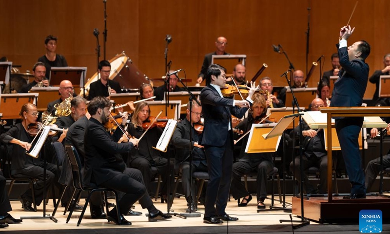 This photo taken on Oct. 4, 2024 shows a scene during the Chinese Night concert at the Royal Opera House Muscat in Muscat, Oman. The National Center for the Performing Arts of China (NCPA) hosted a special Chinese Night concert here on Friday, offering local residents the chance to experience traditional Chinese melodies. (Photo by Khalid Al Busaidi/Xinhua)