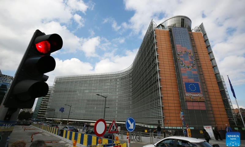 This photo taken on Oct. 4, 2024 shows the European Commission building in Brussels, Belgium. The European Commission announced Friday that it passed a vote to impose punitive tariffs on Chinese battery electric vehicles (EVs), sparking criticism from several European countries and auto industries who warn the move could boomerang against the European Union's (EU) competitiveness. (Xinhua/Zhao Dingzhe)