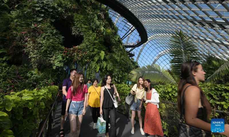 Tourists visit the Cloud Forest at Singapore's Gardens by the Bay on Oct. 3, 2024. (Photo by Then Chih Wey/Xinhua)