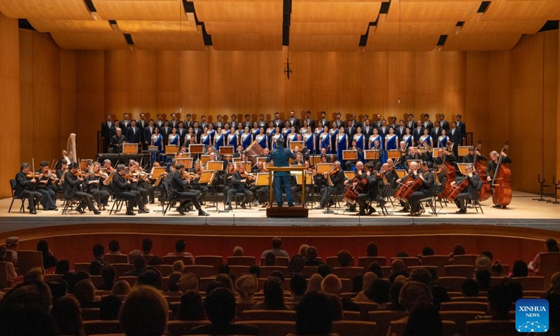 This photo taken on Oct. 4, 2024 shows a scene during the Chinese Night concert at the Royal Opera House Muscat in Muscat, Oman. The National Center for the Performing Arts of China (NCPA) hosted a special Chinese Night concert here on Friday, offering local residents the chance to experience traditional Chinese melodies. (Photo by Khalid Al Busaidi/Xinhua)