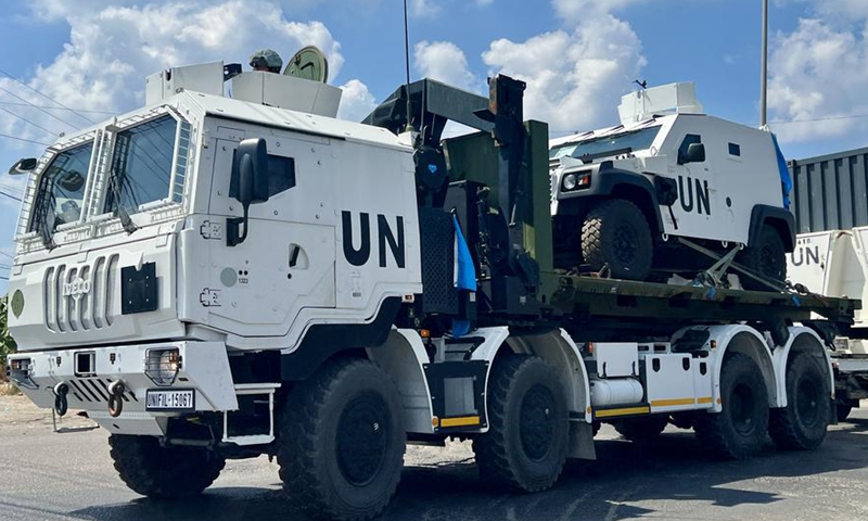 This photo shows UN vehicles in Tyre, Lebanon, on Aug. 29, 2024. (Photo by Ali Hashisho/Xinhua)