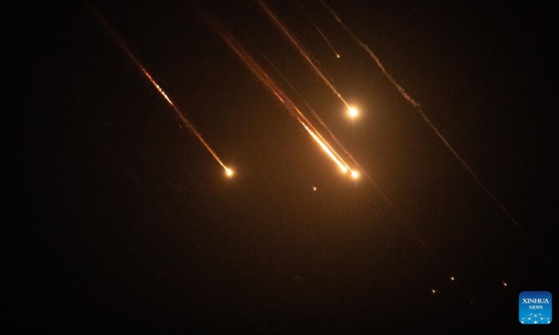 Projectiles from Iran intercepted by Israel fly through the sky above Jerusalem, on Oct. 1, 2024. (Xinhua/Chen Junqing)