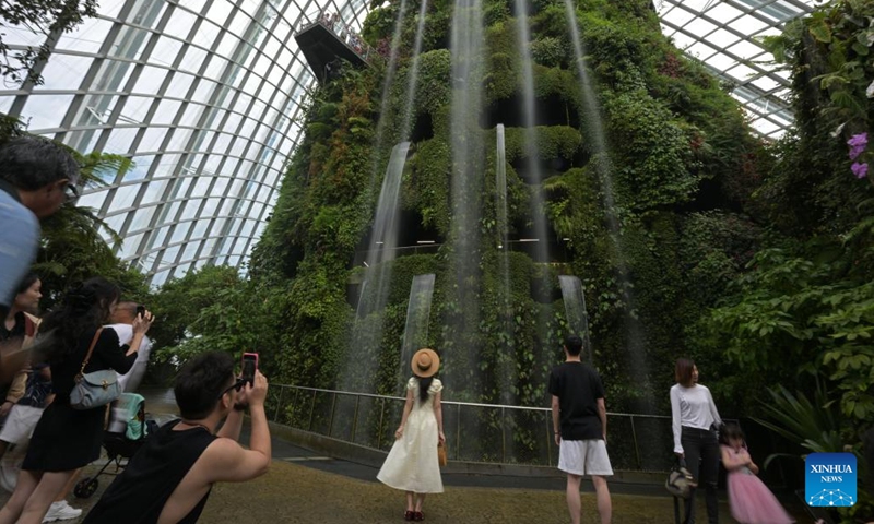 Tourists pose for photos inside the Cloud Forest at Singapore's Gardens by the Bay on Oct. 3, 2024. (Photo by Then Chih Wey/Xinhua)