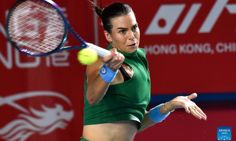 Ajla Tomljanovic hits a return during the women's singles semifinal match between Ajla Tomljanovic of Australia and Anna Blinkova of Russia at WTA Hong Kong 125 Open tennis tournament in Hong Kong, south China, Oct. 5, 2024. (Photo by Lo Ping Fai/Xinhua)