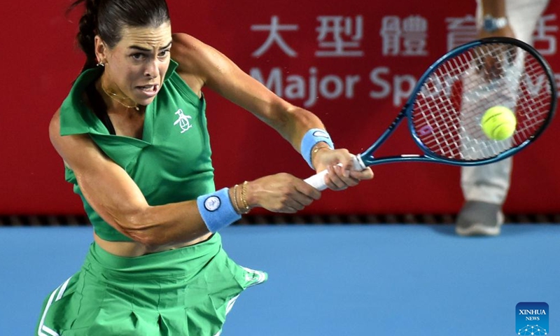 Ajla Tomljanovic hits a return during the women's singles semifinal match between Ajla Tomljanovic of Australia and Anna Blinkova of Russia at WTA Hong Kong 125 Open tennis tournament in Hong Kong, south China, Oct. 5, 2024. (Photo by Lo Ping Fai/Xinhua)