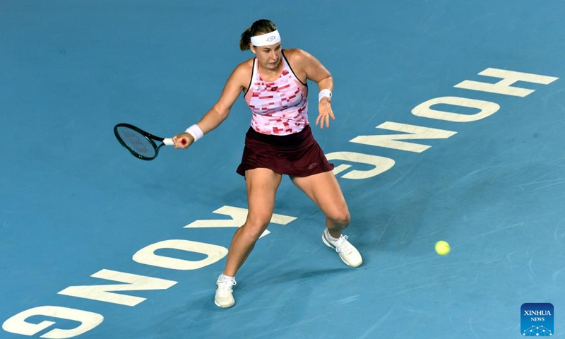 Anna Blinkova hits a return during the women's singles semifinal match between Ajla Tomljanovic of Australia and Anna Blinkova of Russia at WTA Hong Kong 125 Open tennis tournament in Hong Kong, south China, Oct. 5, 2024. (Photo by Lo Ping Fai/Xinhua)