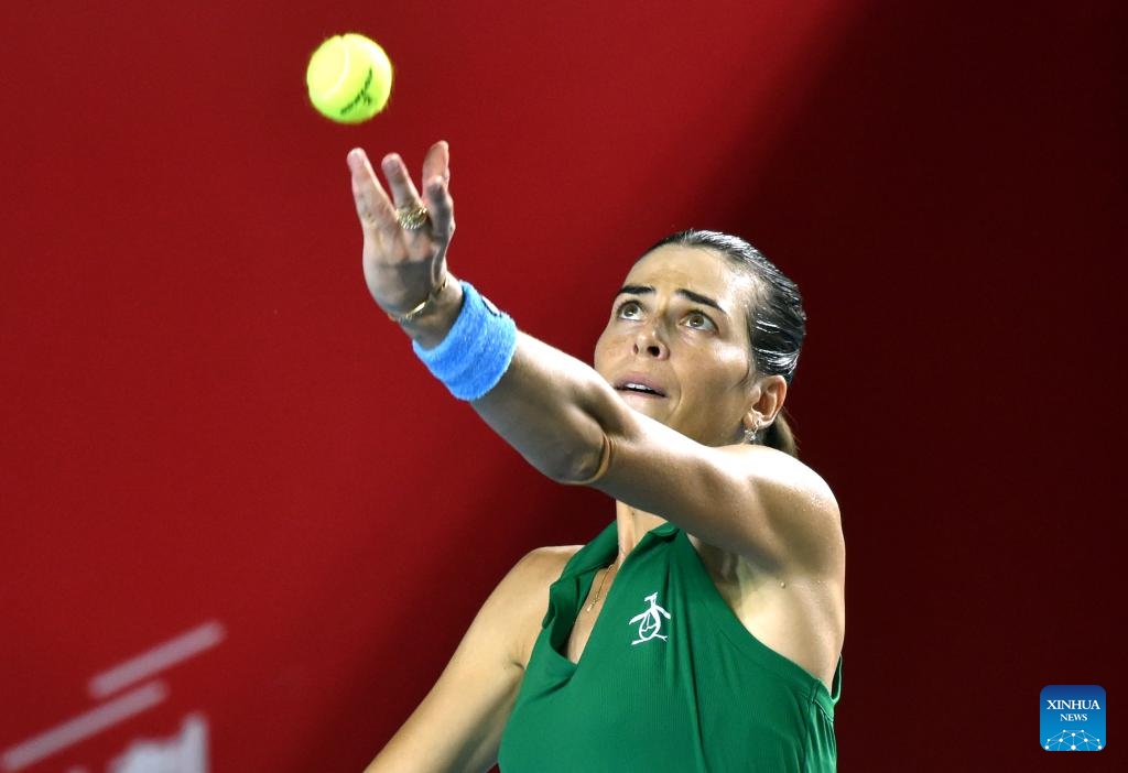 Ajla Tomljanovic serves during the women's singles semifinal match between Ajla Tomljanovic of Australia and Anna Blinkova of Russia at WTA Hong Kong 125 Open tennis tournament in Hong Kong, south China, Oct. 5, 2024. (Photo by Lo Ping Fai/Xinhua)