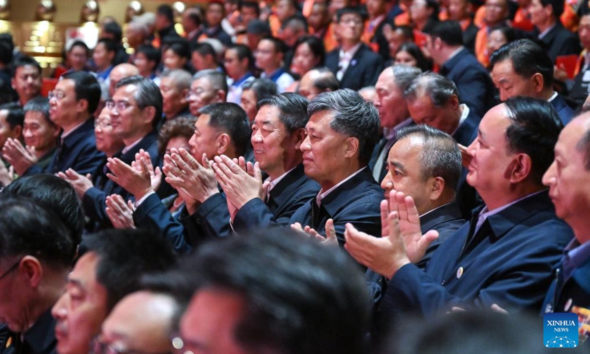 Chinese Vice Premier He Lifeng, also a member of the Political Bureau of the Communist Party of China (CPC) Central Committee, leads a central delegation to watch an artistic performance celebrating the 70th founding anniversary of the Xinjiang Production and Construction Corps in Urumqi, capital of northwest China's Xinjiang Uygur Autonomous Region, Oct. 6, 2024. (Photo: Xinhua)