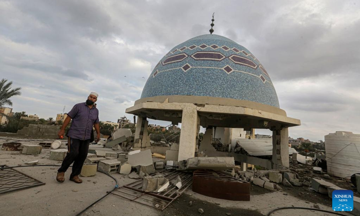 Photo taken on Oct. 6, 2024 shows a mosque attacked by the Israeli army in the city of Deir al-Balah in central Gaza Strip. At least 24 Palestinians were killed and 93 others wounded during Israel's bombing of a mosque and a school in the central Gaza Strip on Sunday, media reports said. (Photo: Xinhua)