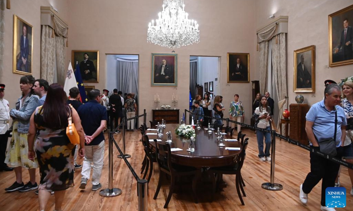 People visit the office of prime minister during the Notte Bianca festival in Valletta, Malta, on Oct. 5, 2024. (Photo: Xinhua)