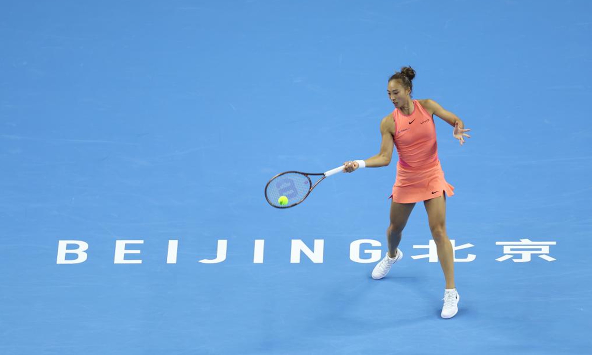 Zheng Qinwen hits a return during her women's singles round of 16 match against Amanda Anisimova at the 2024 China Open in Beijing, Oct. 2, 2024. (Photo: Xinhua)