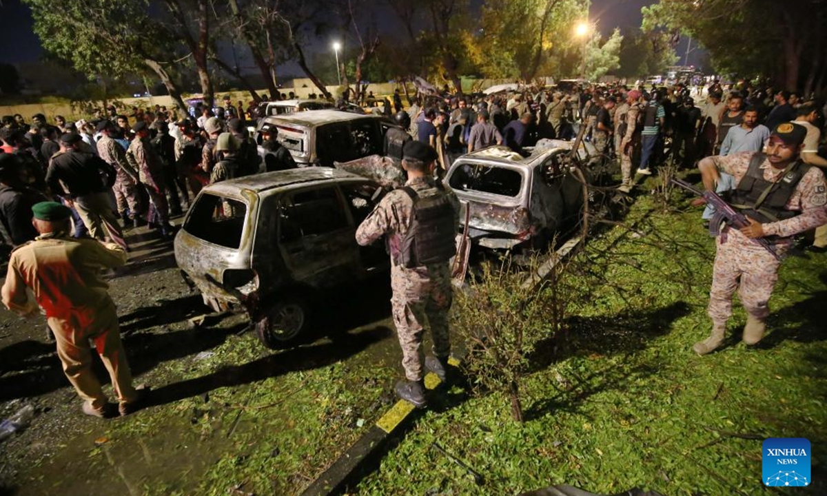 This photo taken on Oct. 7, 2024 shows destroyed cars at the site of a terrorist attack near Jinnah International Airport in Karachi, the capital city of Pakistan's south Sindh province. Two Chinese nationals were killed, one Chinese national injured, and several Pakistani nationals were killed and injured in a terrorist attack in Pakistan's southern port city of Karachi on Sunday night, the Chinese embassy in Pakistan confirmed.   (Photo: Xinhua)