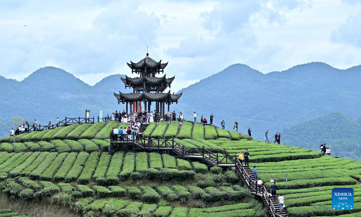 Tourists go sightseeing at a tea-themed scenic area in Xuanen County of Enshi Tujia and Miao Autonomous Prefecture, central China's Hubei Province, Oct. 2, 2024. The National Day holiday period, which runs from Oct. 1 to Oct. 7 this year, is a peak travel and tourism season in China.  (Photo: Xinhua)