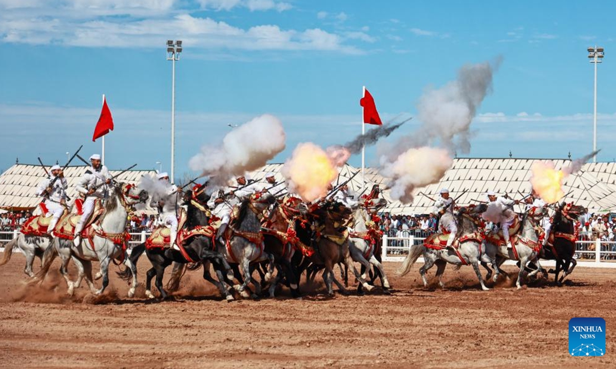 This photo taken on Oct. 5, 2024 shows Tbourida, a Moroccan equestrian performance, at the 15th Horse Show of El Jadida, in El Jadida, Morocco.  (Photo: Xinhua)