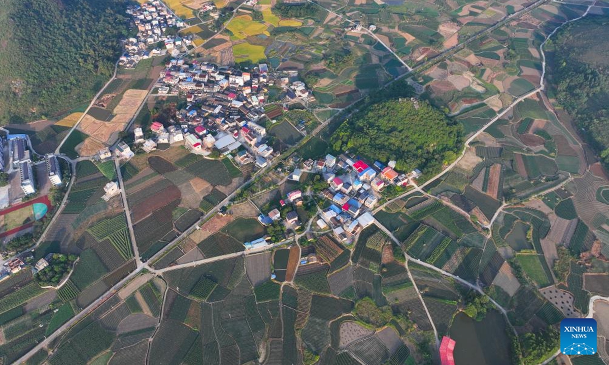 This aerial drone photo taken on Oct. 7, 2024 shows the autumn scenery of a village in Sandu Town of Liujiang District, Liuzhou City, south China's Guangxi Zhuang Autonomous Region. (Photo: Xinhua)