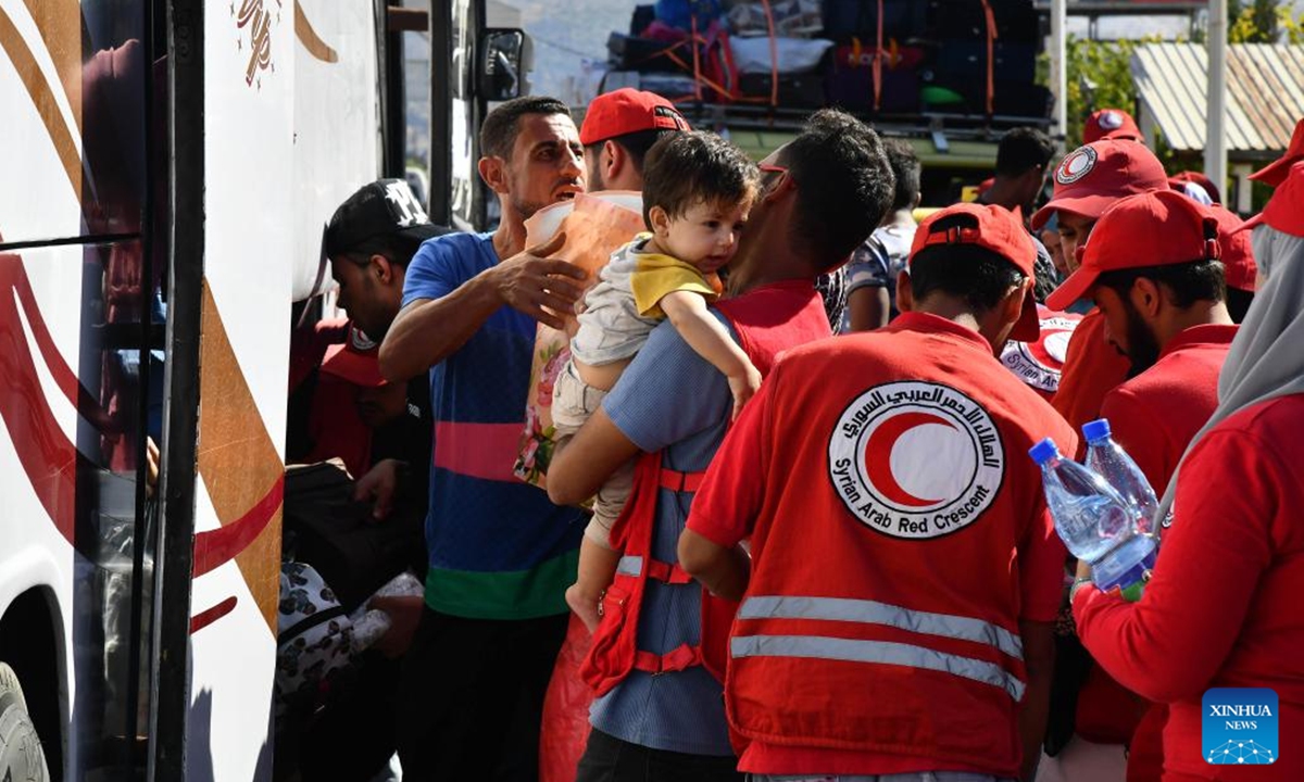 People fleeing from Lebanon arrive at the Jdeidet Yabous crossing between Syria and Lebanon, on Oct. 7, 2024. Earlier on Monday, Syria's Al-Watan Online newspaper quoted the country's Directorate of Immigration and Passports as saying that 91,000 Lebanese and 239,000 Syrians have arrived in Syria from Lebanon since Sept. 23, when the Israeli army began conducting intensive attacks on Lebanon in a dangerous escalation with Hezbollah. (Photo: Xinhua)